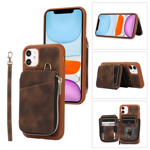 ELEHOLD for iPhone 12 Pro / 12 6.1",Luxury Zipper Wallet Case with Card Slots Zipper Pocket Kickstand Function Wriststrap Crossbody Shoulder Strap Shockproof Purse Case,brown