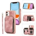 thumbnail image 1 of ELEHOLD for iPhone 12 Pro / 12 6.1",Luxury Zipper Wallet Case with Card Slots Zipper Pocket Kickstand Function Wriststrap Crossbody Shoulder Strap Shockproof Purse Case,pink, 1 of 7