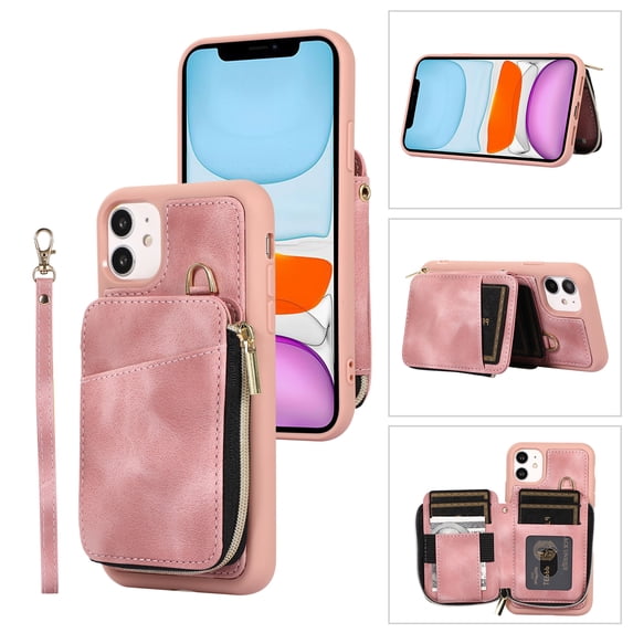 ELEHOLD for iPhone 12 Pro / 12 6.1",Luxury Zipper Wallet Case with Card Slots Zipper Pocket Kickstand Function Wriststrap Crossbody Shoulder Strap Shockproof Purse Case,pink