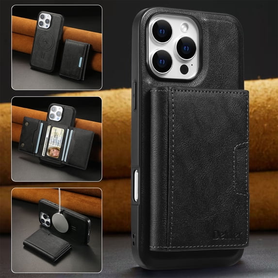 ELEHOLD For iPhone 12 Pro / 12 6.1" PU Leather Magnetic Shockproof Case, MagSafe Compatible, with Magnetic Detachable Credit Card Wallet, Kickstand Function, Black