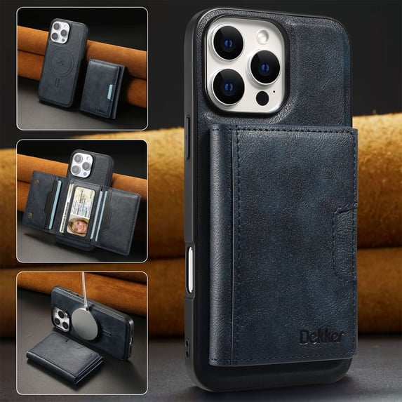 ELEHOLD For iPhone 12 Pro / 12 6.1" PU Leather Magnetic Shockproof Case, MagSafe Compatible, with Magnetic Detachable Credit Card Wallet, Kickstand Function, Blue