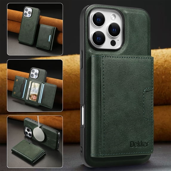 ELEHOLD For iPhone 12 Pro / 12 6.1" PU Leather Magnetic Shockproof Case, MagSafe Compatible, with Magnetic Detachable Credit Card Wallet, Kickstand Function, Green