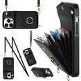 thumbnail image 1 of ELEHOLD for iPhone 12 Pro / 12 6.1", Shockproof PU Leather Case with Rotation Ring Stand Adjustable Shoulder Strap,Card Slots Stand RFID Blocking Protective Case Cover, black, 1 of 8