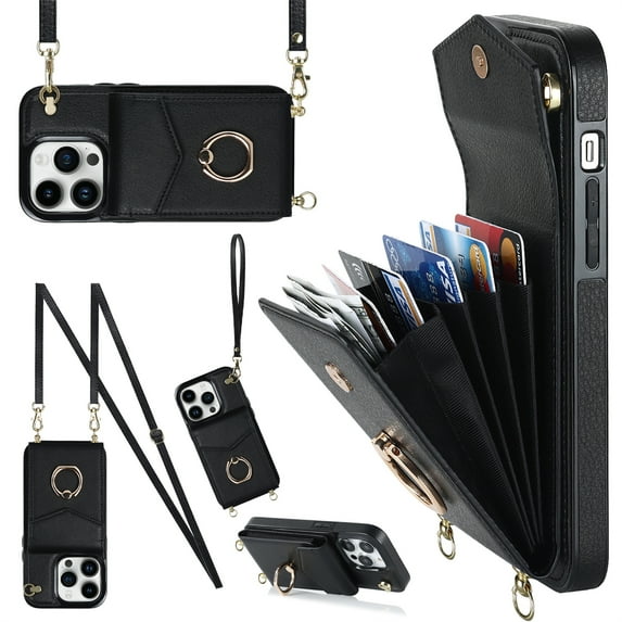 ELEHOLD for iPhone 12 Pro / 12 6.1", Shockproof PU Leather Case with Rotation Ring Stand Adjustable Shoulder Strap,Card Slots Stand RFID Blocking Protective Case Cover, black