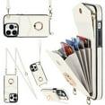 thumbnail image 1 of ELEHOLD for iPhone 12 Pro / 12 6.1", Shockproof PU Leather Case with Rotation Ring Stand Adjustable Shoulder Strap,Card Slots Stand RFID Blocking Protective Case Cover, white, 1 of 8