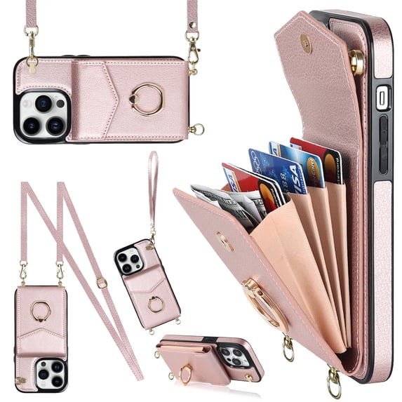 ELEHOLD for iPhone 12 Pro / 12 6.1", Shockproof PU Leather Case with Rotation Ring Stand Adjustable Shoulder Strap,Card Slots Stand RFID Blocking Protective Case Cover, rosegold