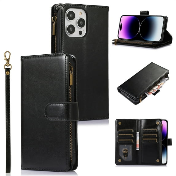 ELEHOLD for iPhone 12 Pro / 12 6.1" Wallet Case with 9 Card Holders Zipper Pocket Kickstand Soft PU Leather Flip Shockproof Protective Cover with Wrist Strap Business Style for Women Men,black
