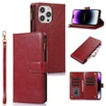 thumbnail image 1 of ELEHOLD for iPhone 12 Pro / 12 6.1" Wallet Case with 9 Card Holders Zipper Pocket Kickstand Soft PU Leather Flip Shockproof Protective Cover with Wrist Strap Business Style for Women Men,red, 1 of 8