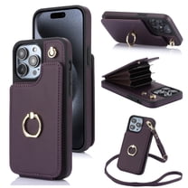 ELEHOLD for iPhone 12 Pro / 12 6.1" Wallet Crossbody Case with Organ Card Slots Metal Finger Ring Holder Kickstand Crossbody Shoulder Strap Shockproof Purse Cover for Women Girls,purple