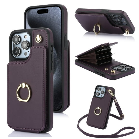 ELEHOLD for iPhone 12 Pro / 12 6.1" Wallet Crossbody Case with Organ Card Slots Metal Finger Ring Holder Kickstand Crossbody Shoulder Strap Shockproof Purse Cover for Women Girls,purple