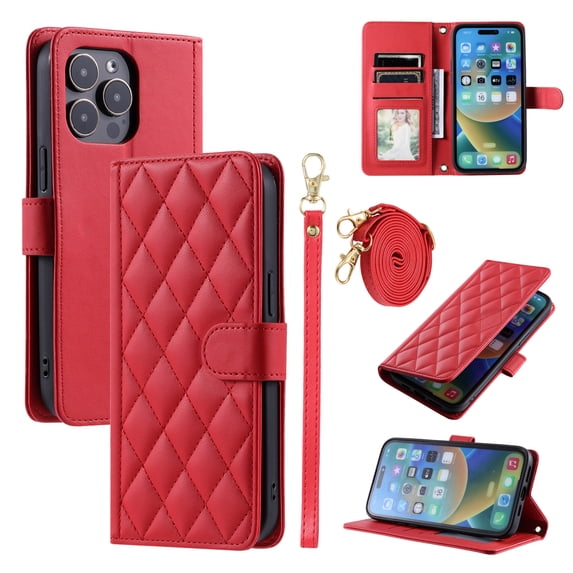 ELEHOLD for iPhone 12 Pro / 12 6.1" Wallet Crossbody Case PU Leather Cover with Card Slots Magnetic Clasp Kickstand Detachable Wriststrap Shoulder Strap Flip Shockpoof Cover,red
