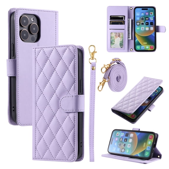 ELEHOLD for iPhone 12 Pro / 12 6.1" Wallet Crossbody Case PU Leather Cover with Card Slots Magnetic Clasp Kickstand Detachable Wriststrap Shoulder Strap Flip Shockpoof Cover,purple