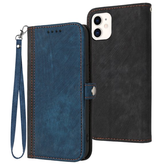 ELEHOLD for iPhone 12 Pro / 12 6.1 inch Wallet Case with Detachable Wrist Strap Handbag, Luxury PU Leather Flip Soft TPU Built-in Magnetic Card Slots Kickstand Function Shockproof Case,Blue