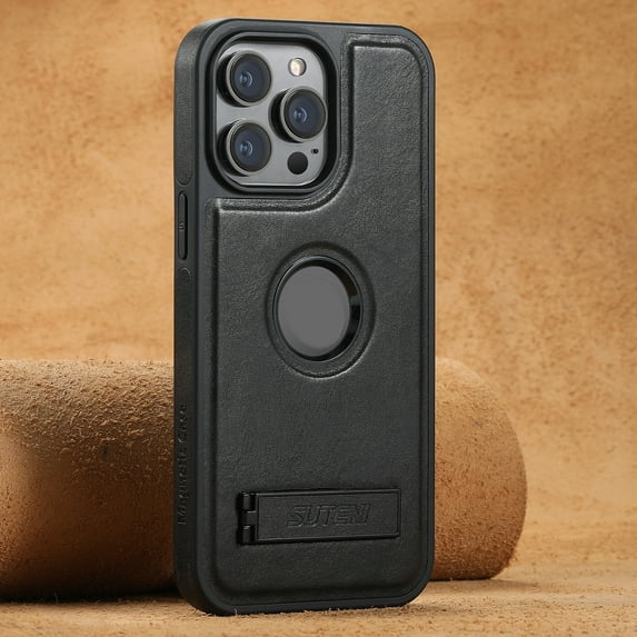 ELEHOLD for iPhone 12 Pro / 12 Rugged Magnetic Premium Leather Hidden Stand Case Logo Cutout View Compatible with Mag Safe & Magnetic Car Mount Holder Shockproof Protection Cover,Black