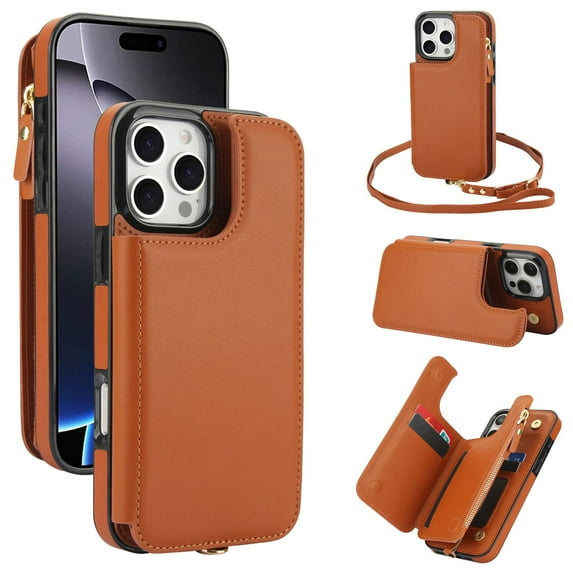 ELEHOLD for iPhone 12 Pro / 12 6.1" Case,Flip Kickstand RFID Blocking Card Slot Holder Zipper PU Leather Crossbody Wallet Shock-Absorbent Protective Case with Crossbody Strap,Brown