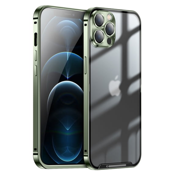 ELEHOLD for iPhone 12 Pro 6.1 Inch Case with Buckle Safety Lock, Slim Metal Bumper Frame Matte Clear PC Back Glass Lens Film All-Inclusive Camera Lens Full Protection Case for iPhone 12 Pro,Green