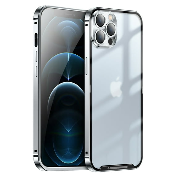 ELEHOLD for iPhone 12 Pro 6.1 Inch Case with Buckle Safety Lock, Slim Metal Bumper Frame Matte Clear PC Back Glass Lens Film All-Inclusive Camera Lens Full Protection Case for iPhone 12 Pro,Silver