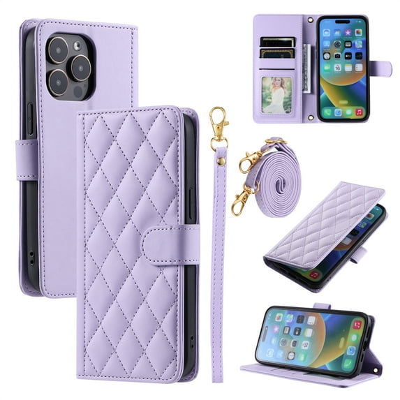 ELEHOLD for iPhone 12 Pro / 12 6.1" Wallet Crossbody Case PU Leather Cover with Card Slots Magnetic Clasp Kickstand Detachable Wriststrap Shoulder Strap Flip Shockpoof Cover,purple