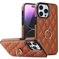 thumbnail image 1 of ELEHOLD for iPhone 12 Pro 6.1 inch 2020 Case, Luxury Rhomboid Quilted PU Leather Soft TPU Bumper 360 Degee Rotatable Metal Finger Ring Holder Kickstand Shockproof Case for iPhone 12 Pro, Brown, 1 of 8