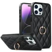 ELEHOLD for iPhone 12 Pro 6.1 inch 2020 Case, Luxury Rhomboid Quilted PU Leather Soft TPU Bumper 360 Degee Rotatable Metal Finger Ring Holder Kickstand Shockproof Case for iPhone 12 Pro, Black