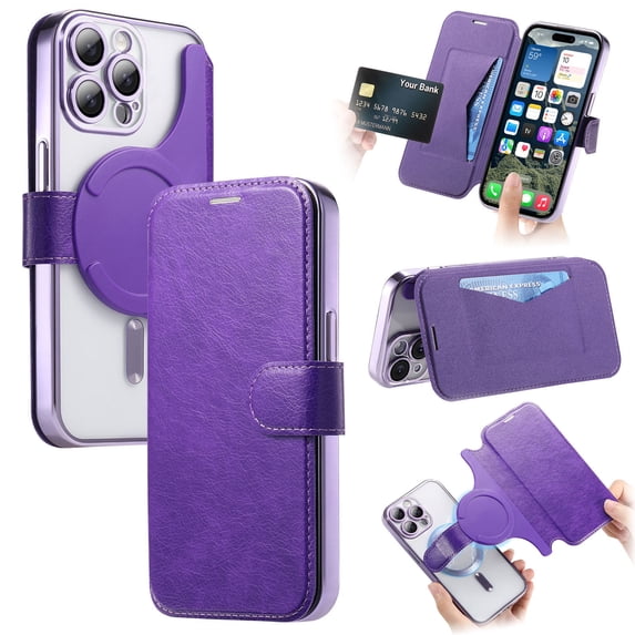 ELEHOLD for iPhone 12 Pro Case,Compatible with Mag Safe Accessories, Luxury Business 2 in 1 Detachable Flip Walle PU Leather Clear Soft TPU Back Folio Case + Lens Protector,Purple