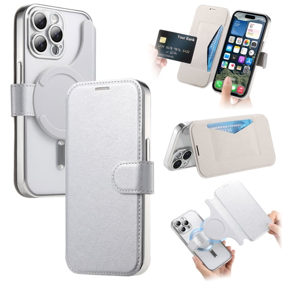 ELEHOLD for iPhone 12 Pro Case,Compatible with Mag Safe Accessories, Luxury Business 2 in 1 Detachable Flip Walle PU Leather Clear Soft TPU Back Folio Case + Lens Protector,Silver
