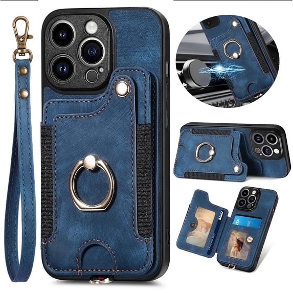 ELEHOLD for iPhone 12 Pro Case with Ring Holder, iPhone 12 Pro Wallet Case with RFID Blocking Card Holder Wristlet Strap, Magnetic Button Flip Folio Kickstand Shockproof Phone Cover,Blue