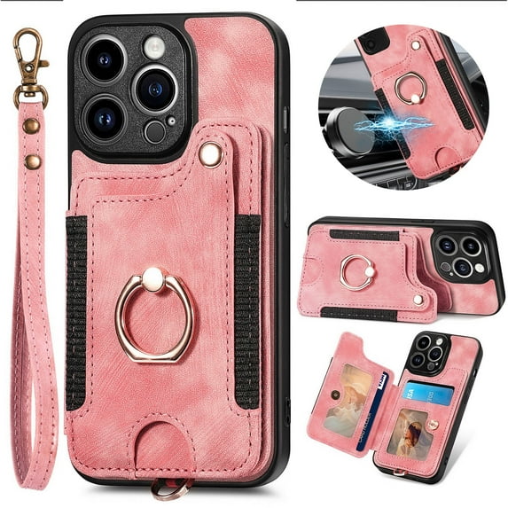 ELEHOLD for iPhone 12 Pro Case with Ring Holder, iPhone 12 Pro Wallet Case with RFID Blocking Card Holder Wristlet Strap, Magnetic Button Flip Folio Kickstand Shockproof Phone Cover,Pink