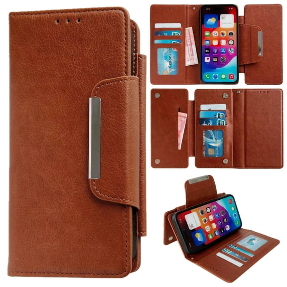 ELEHOLD for iPhone 12 Pro / 12 Flip Card Wallet Case Premium PU Leather Magnetic Detachable Leather Case Large Capacity Card Slots Metal Buckle Full Body Protective Cover,Brown