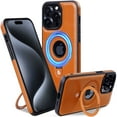 thumbnail image 1 of ELEHOLD for iPhone 12 Pro Magnetic Case Premium PU Leather Logo View Hollow Design Foldable Ring Holder Kickstand Support Mag Safe Charging Shockproof Cover for iPhone 12 Pro,Brown, 1 of 6