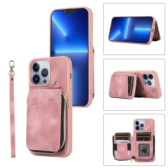 ELEHOLD for iPhone 12 Pro Max 6.7 inch Luxury Zipper Wallet Case with Card Slots Zipper Pocket Kickstand Function Wriststrap Crossbody Shoulder Strap Shockproof Purse Case,Pink