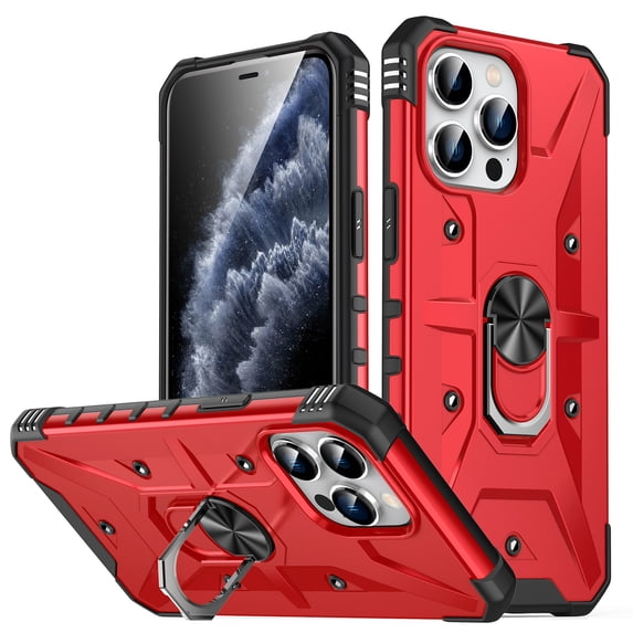 ELEHOLD for iPhone 12 Pro Max Armor Case, Military Grade Hard PC Magnetic Built-in Car Mount 360° Rotatable Metal Ring Holder Kickstand Shockproof Multi-Functional Rugged Case, Red