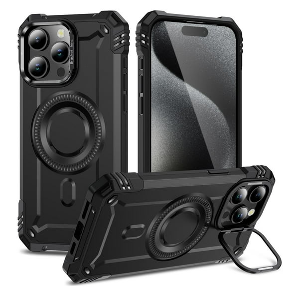ELEHOLD for iPhone 12 Pro Max Case, Compatible with Mag safe Accessories, Strong Magnetic Military-Grade Drop Protection Invisible Kickstand Shockproof Protective Phone Case,Black