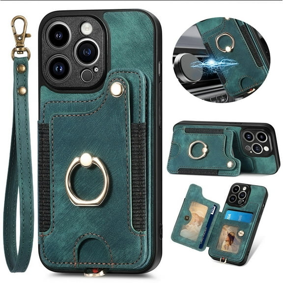 ELEHOLD for iPhone 12 Pro Max Case with Ring Holder, iPhone 12 Pro Max Wallet Case with RFID Blocking Card Holder Wristlet Strap, Magnetic Button Flip Folio Kickstand Shockproof Phone Cover,Green