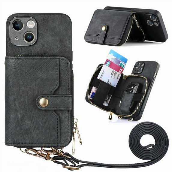 ELEHOLD iPhone 12 mini Crossbody Wallet Case, Zipper PU Leather Phone Case with Card Holder Wrist Strap Purse Cover for iPhone 12 mini,Black