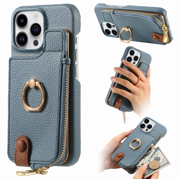 ELEHOLD for iPhone 12 Pro Max Luxury Leather Wallet Case with Back Flip Card Slots RFID Blocking Zipper Cash Pocket Stand Function Ring Holder Support Magnetic Car Mount Shockproof Case,blue