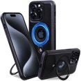 thumbnail image 1 of ELEHOLD for iPhone 12 Pro Max Magnetic Case Premium PU Leather Logo View Hollow Design Foldable Ring Holder Kickstand Support Mag Safe Charging Shockproof Cover for iPhone 12 Pro Max,Black, 1 of 6