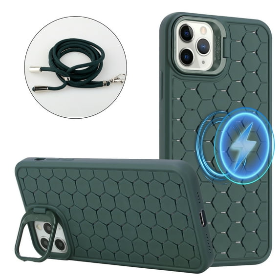 ELEHOLD for iPhone 12 Pro Max Magnetic Stand Case with Detachable Lanyard Strap Honeycomb Heat Dissipation Compatible with Mag Safe Charging Lens Frame Kickstand Anti-Lost Protection Cover,Green