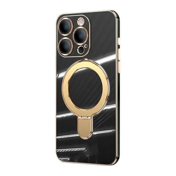 ELEHOLD for iPhone 12 Pro Max Plating Magnetic Case Slim Thin Shockproof with Metal Ring Holder Folding Kickstand All-Inclusive Lens Protection Mag Safe Compatible Protective Cover,black