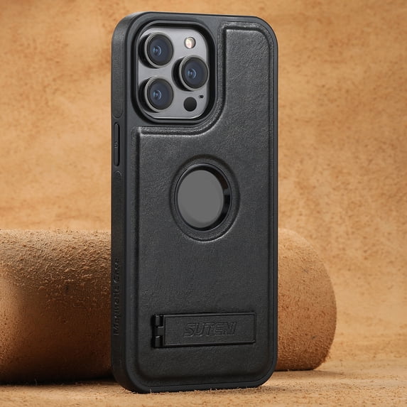 ELEHOLD for iPhone 12 Pro Max Rugged Magnetic Premium Leather Hidden Stand Case Logo Cutout View Compatible with Mag Safe & Magnetic Car Mount Holder Shockproof Protection Cover,Black