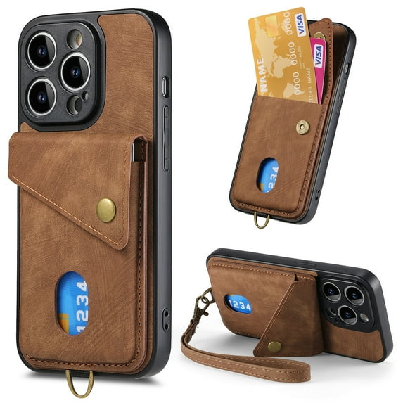 ELEHOLD for iPhone 12 Pro Max, Wallet Case with Card Slots,Rugged Shockproof Anti Scratch Kickstand with Hand Strap Wallet Case,Support Magnetic Car Mount, brown