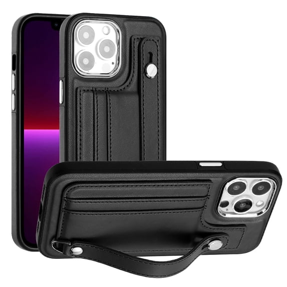 ELEHOLD for iPhone 12 Pro Max, Wallet Case with Credit Card Slots,Rugged Hybrid Shockproof PU Leather Wristband Kickstand Anti-Scratch Case Cover, black