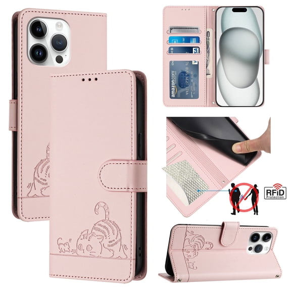 ELEHOLD for iPhone 12 Pro Max Wallet Case, Embossed Cat PU Leather RFID Blocking Credit Card Slot Kickstand Support Wireless Charging Shockproof Case with Crossbody Strap for iPhone 12 Pro Max,Pink
