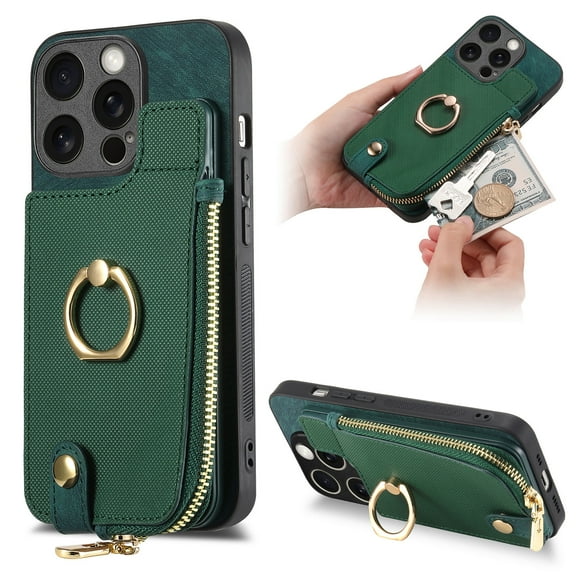 ELEHOLD for iPhone 12 Zipper Wallet Case with Back Card Holders Metal Ring Holder Kickstand Function Leather Shockproof Card Wallet Case for Women Men,green