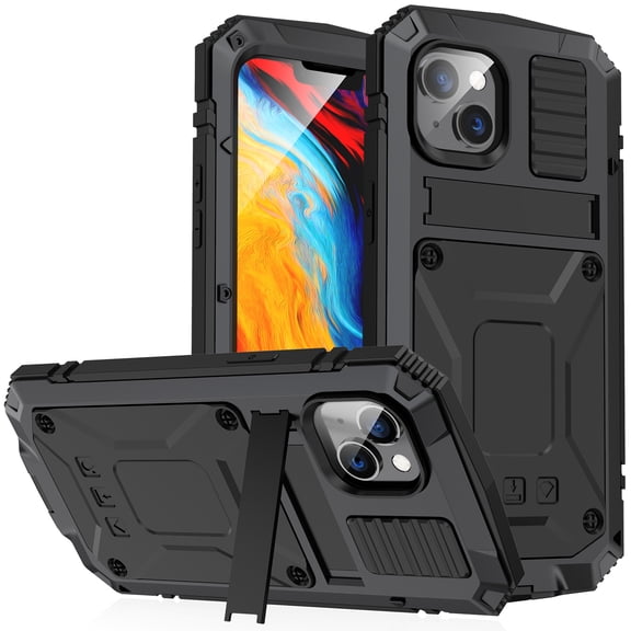 ELEHOLD for iPhone 13 6.1 Inch 2021 Case, Heavy Duty Armor Built-in Explosion-Proof Tempered Glass Screen Protector Wireless Charging Hang Rope Hidden Kickstand Shockproof Rugged Case,Black