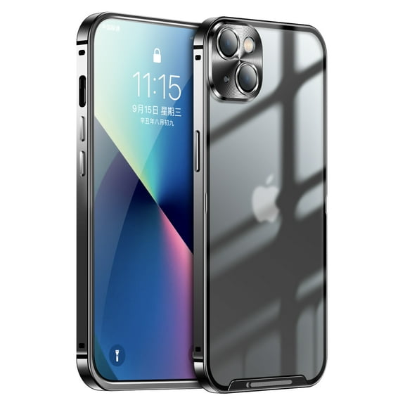 ELEHOLD for iPhone 13 6.1 Inch Case with Buckle Safety Lock, Slim Metal Bumper Frame Matte Clear PC Back Glass Lens Film All-Inclusive Camera Lens Full Protection Case for iPhone 13,Black