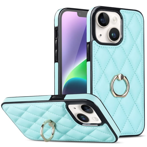 ELEHOLD for iPhone 13 6.1 inch 2021 Case, Luxury Rhomboid Quilted PU Leather Soft TPU Bumper 360 Degee Rotatable Metal Finger Ring Holder Kickstand Shockproof Case for iPhone 13, Mint