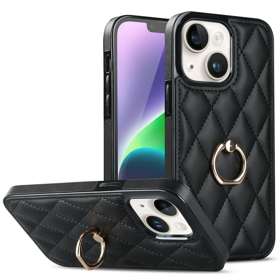 ELEHOLD for iPhone 13 6.1 inch 2021 Case, Luxury Rhomboid Quilted PU Leather Soft TPU Bumper 360 Degee Rotatable Metal Finger Ring Holder Kickstand Shockproof Case for iPhone 13, Black