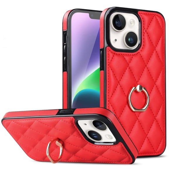 ELEHOLD for iPhone 13 6.1 inch 2021 Case, Luxury Rhomboid Quilted PU Leather Soft TPU Bumper 360 Degee Rotatable Metal Finger Ring Holder Kickstand Shockproof Case for iPhone 13, Red