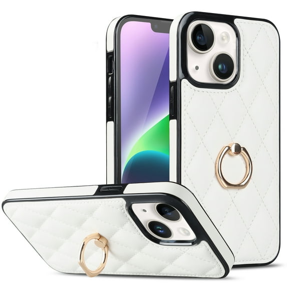 ELEHOLD for iPhone 13 6.1 inch 2021 Case, Luxury Rhomboid Quilted PU Leather Soft TPU Bumper 360 Degee Rotatable Metal Finger Ring Holder Kickstand Shockproof Case for iPhone 13, White